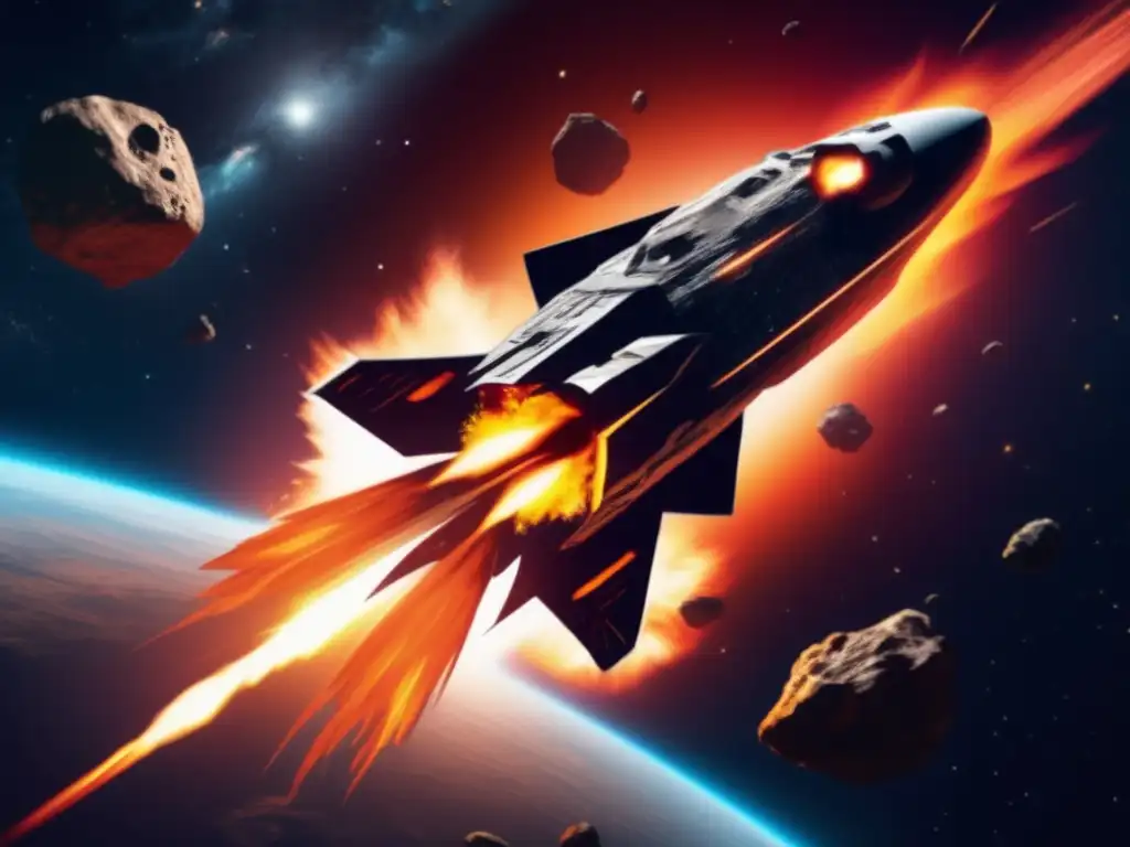 It's a breathtaking scene of a spaceship blazing against the darkness of space while aiming at a jagged asteroid hurtling towards it