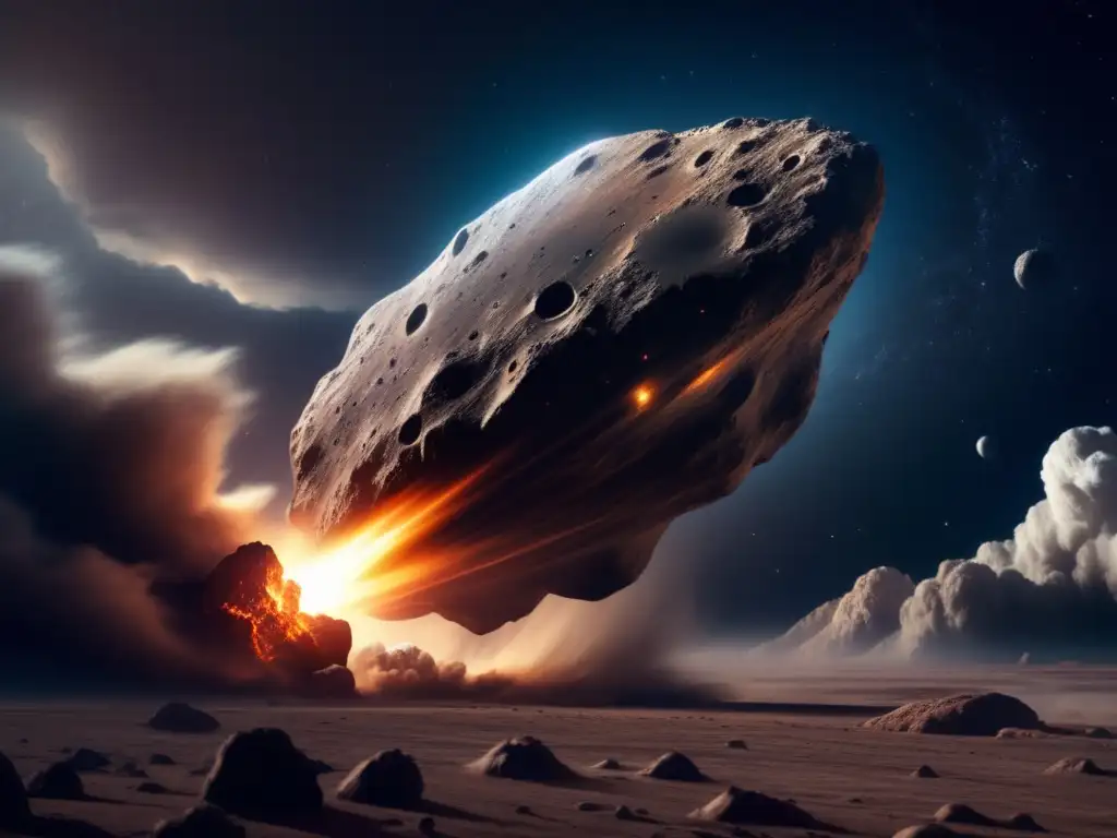 Dangerous Asteroid Looms Over Small Spacecraft in the Stormy Space Sky A photorealistic image of a massive asteroid in a dark and stormy sky, looming over a small spacecraft as it tries to navigate through the endless expanse of space
