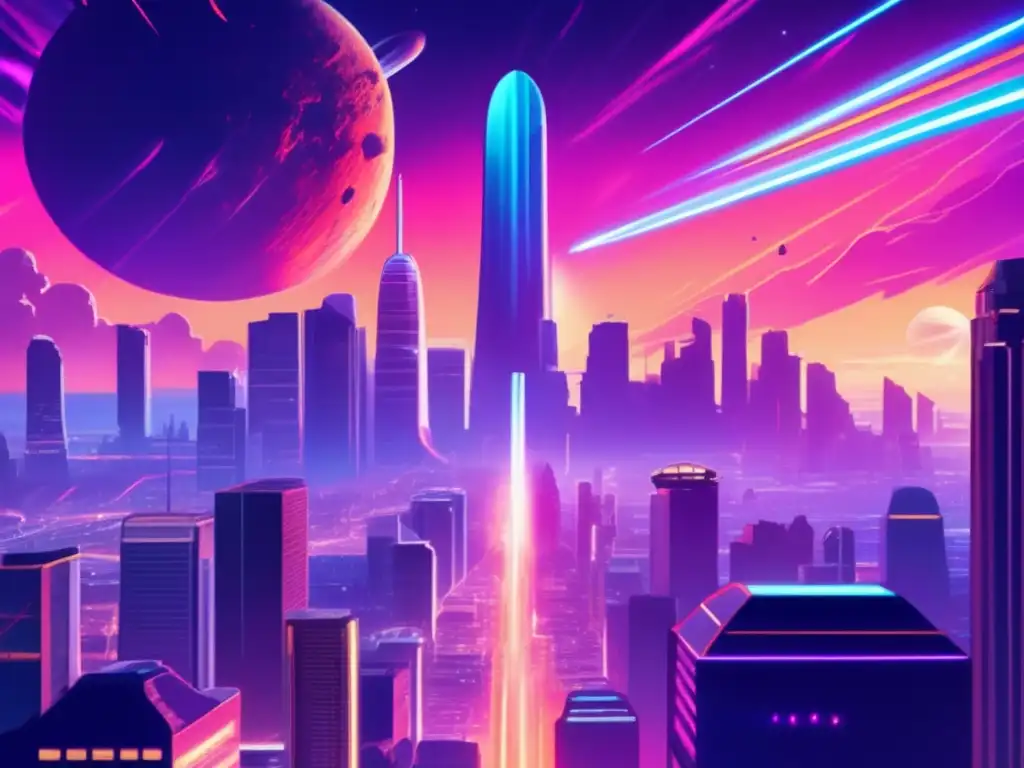 In this photo, a bustling space city is thriving with luminous skyscrapers and busy streets