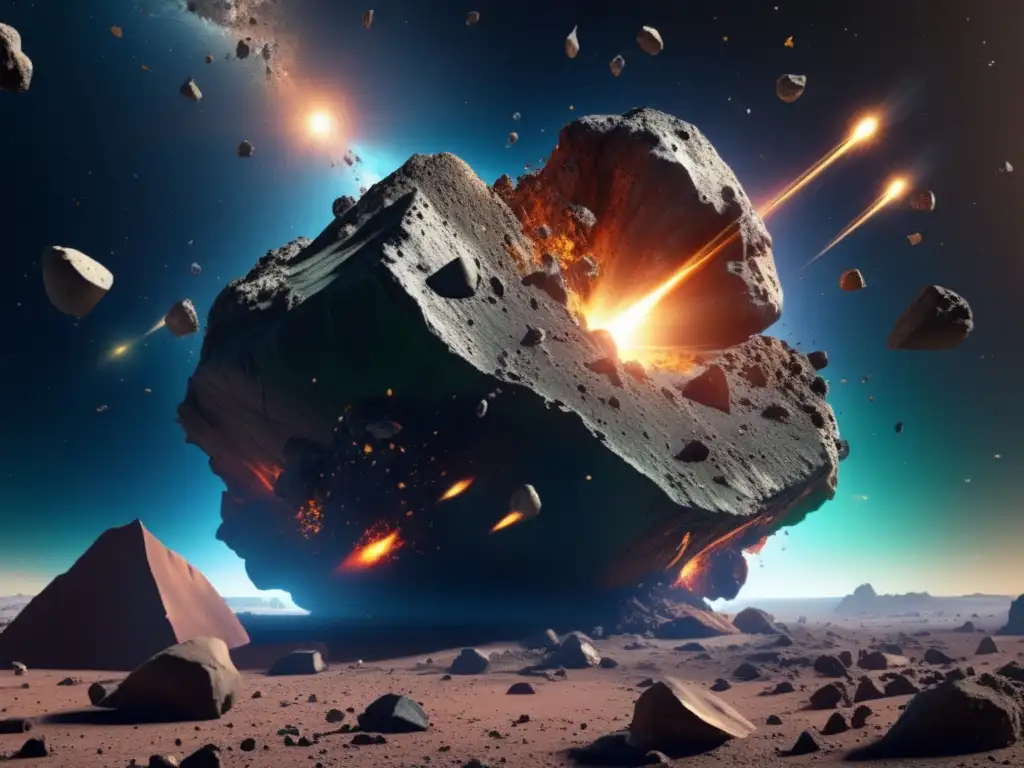 A breathtaking image of an asteroid collision debris field, teeming with ejecta and impactites floating and flying through space
