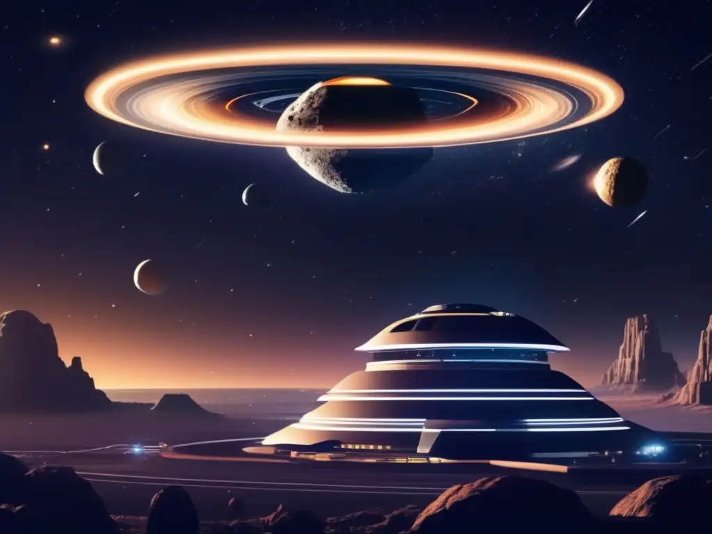A stunning image of two luxurious hotels in space, seamlessly integrated with the asteroid belt