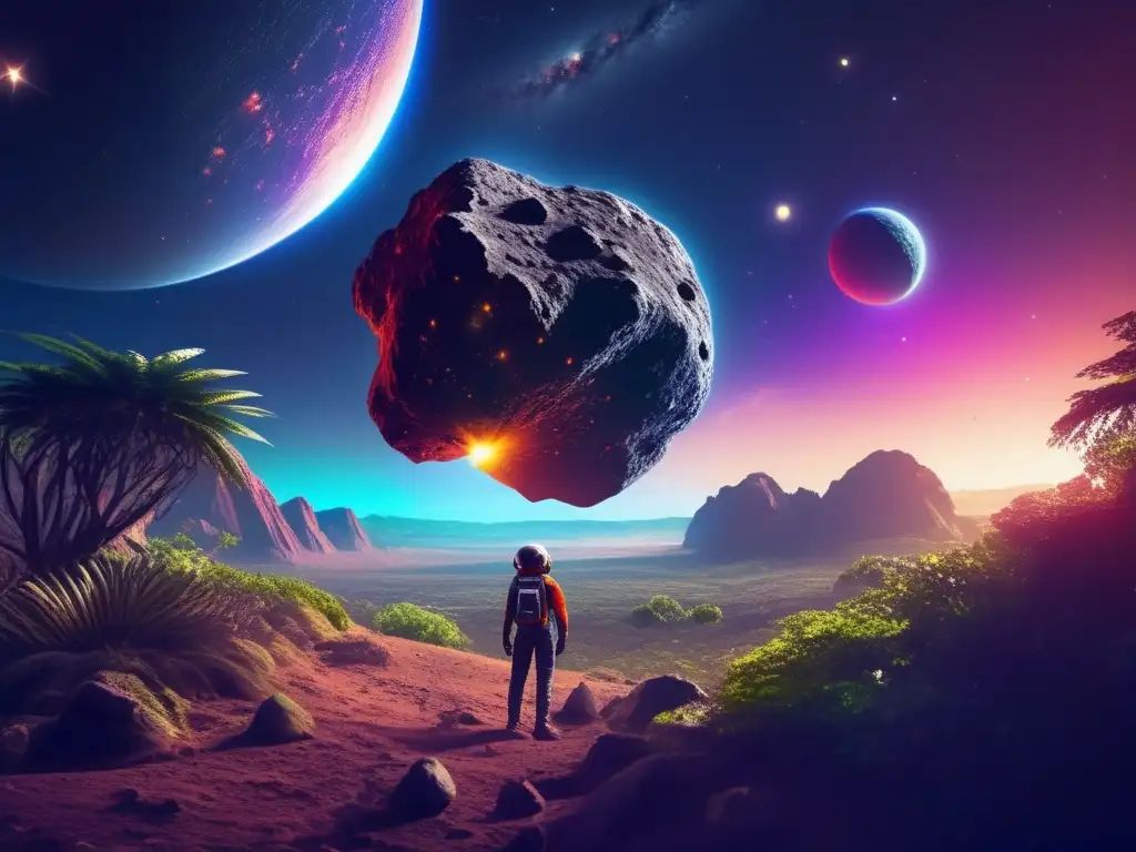 An ominous asteroid floats in the vast expanse, basking in the ethereal glow of the fiery orb above it