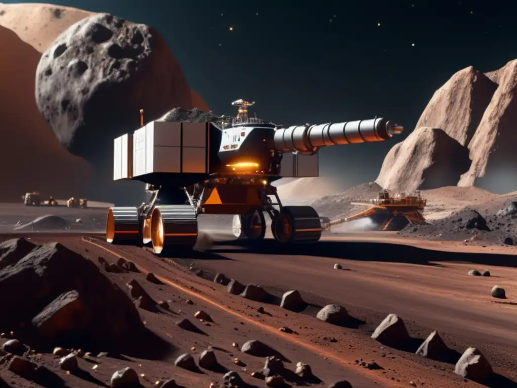 Spacecraft Descends onto Asteroid for Mining: Meticulous Detail' # SpaceAsteroidMining # Photorealism # MiningEquipment # Sunlight # DustyAtmosphere Spacecraft descends onto asteroid, extracting valuable materials with eclectic mining equipment