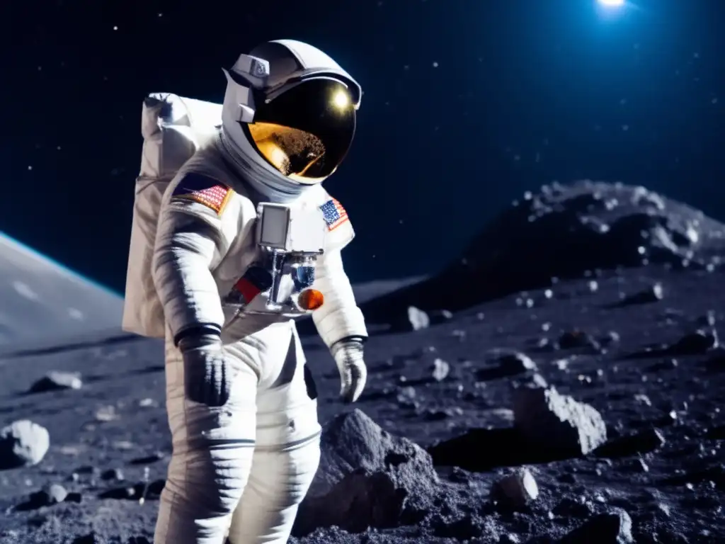 Astronaut suit and helmet stand alone on asteroid mining rig, dirt spewing from drilled section
