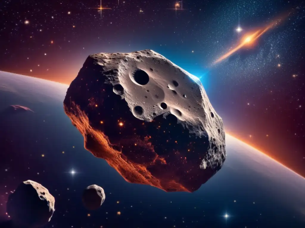 Stunning asteroid orbiting around a star, magnified through a telescope with intricate details of its surface