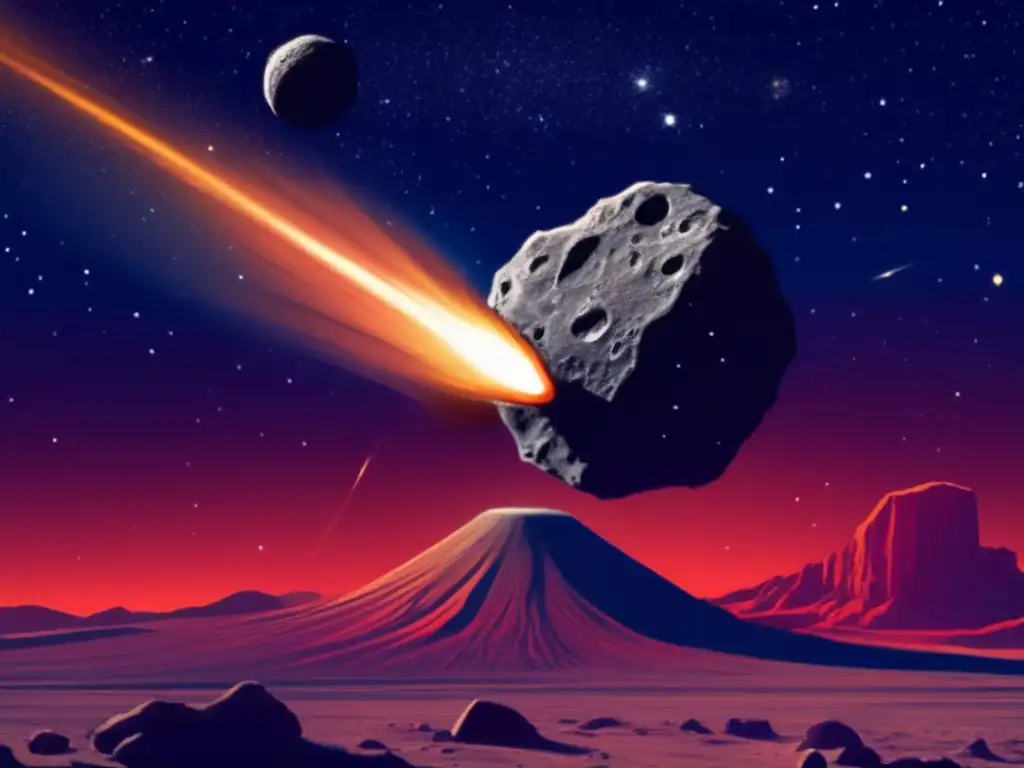 An ominous asteroid looms in the vast expanse of space, its dark grey surface reflecting the light of distant stars