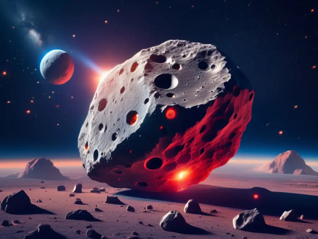 Red and Blue Asteroid: A Photorealistic Image of Space Danger An awe-inspiring photograph of an asteroid in space, unveiling its jagged edges and craters with a dark red and blue color scheme, signaling destruction and threat
