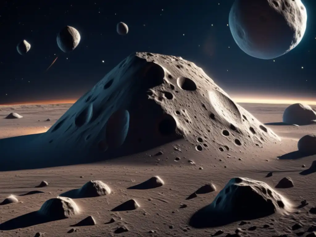 Cosmic close-up: Asteroid detail in space A breathtaking cosmic landscape unfolds as a photorealistic depiction of nebulae and asteroids illuminates the vast, dark expanse of space
