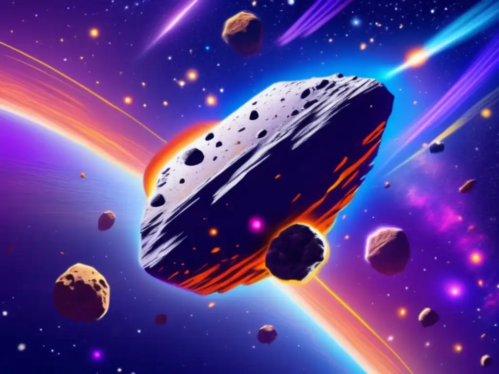 An immense asteroid blazes through the cosmos, leaving a trail of debris in its wake