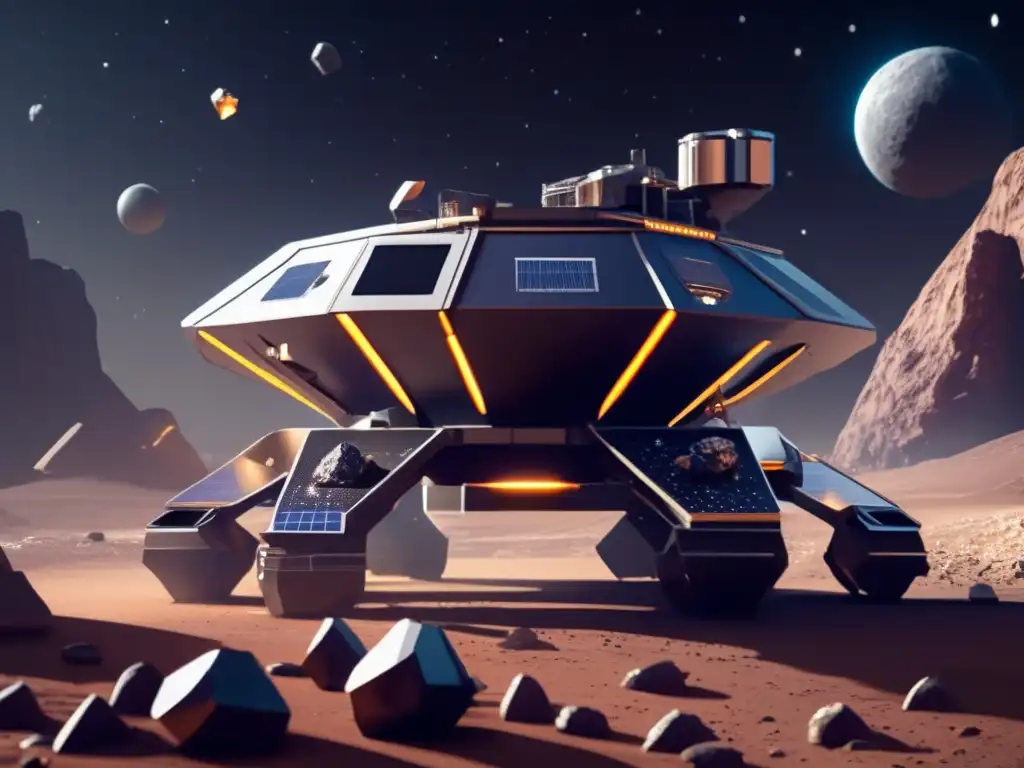 Lasercut asteroids for fuel and materials in a dark, industrial photorealistic mining rig environment