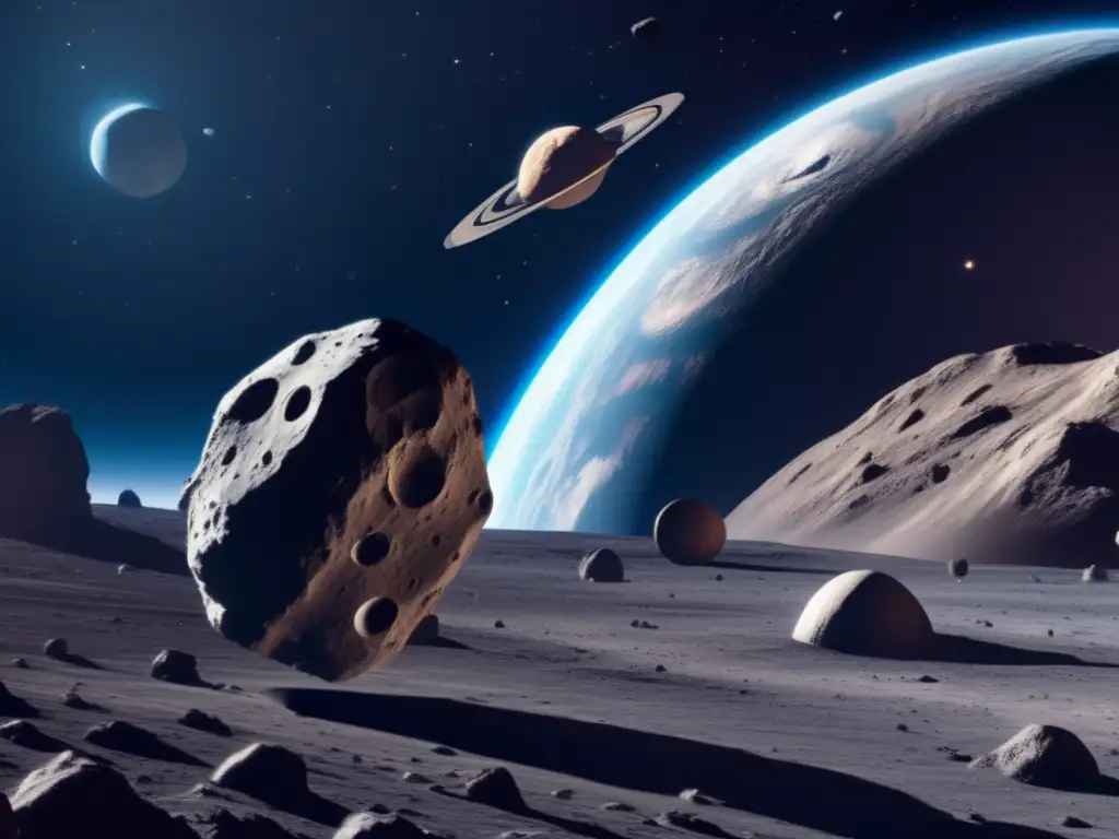 A breathtaking close-up photo of an asteroid in space, with stunning cycloidal patterns, punctures, and ridges visible
