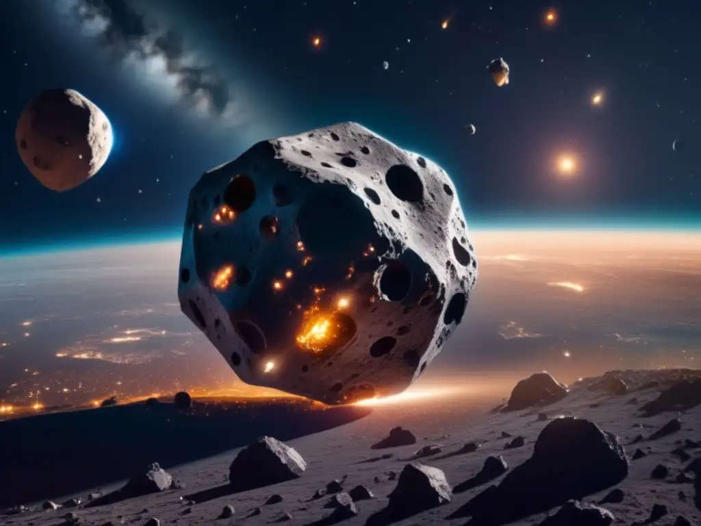 Asteroid spotted with lights: Satellites in an outer space view An ethereal glow surrounds the isolated asteroid and its embedded satellites, captured in a stunning outer space view