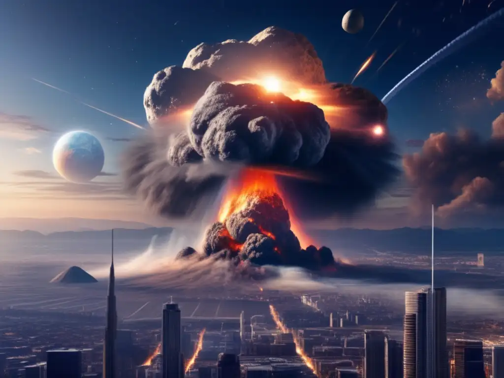In this photorealistic image, a giant asteroidoid approaches Earth, its collision causing plumes of smoke and debris to soar across the sky