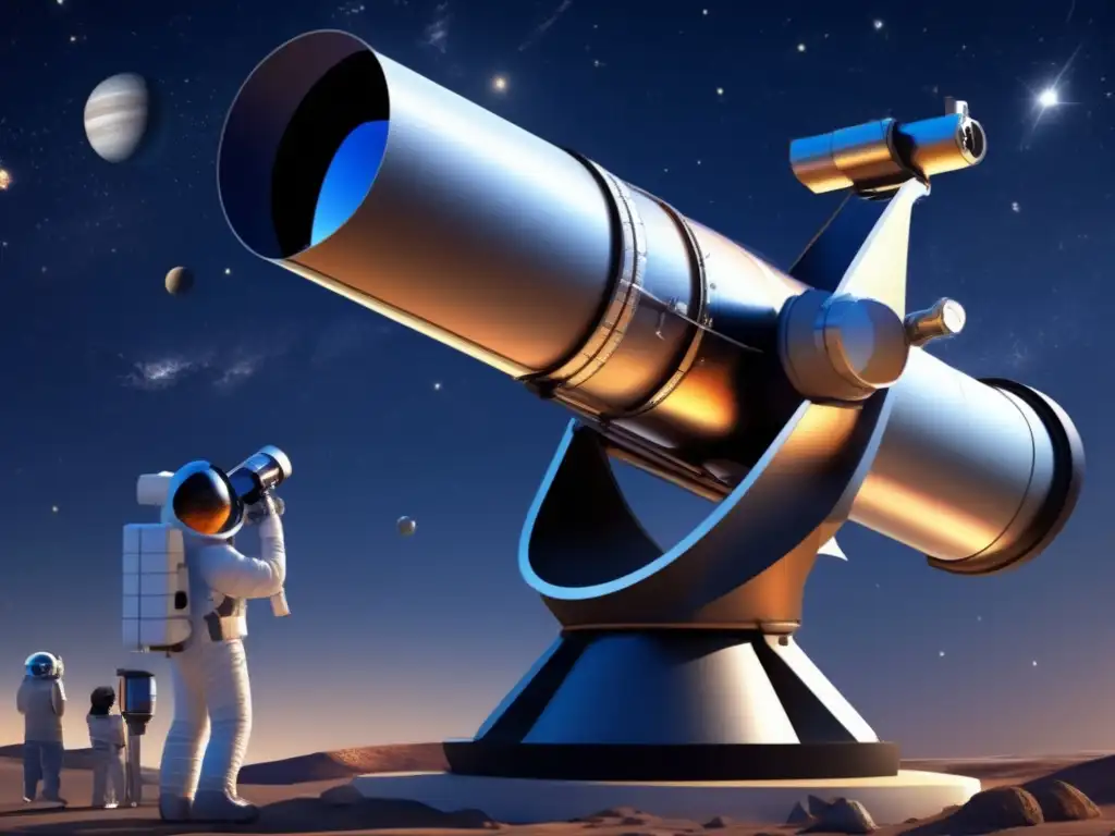 A stunning photorealistic image of a sleek modern space telescope, aimed towards a faraway star