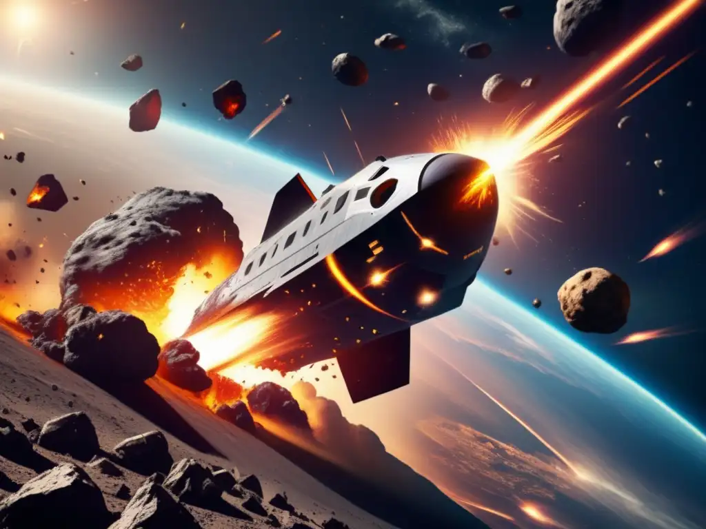 A breathtaking close-up of a spaceship careening towards an asteroid, brimming with exploding sparks in a photorealistic style
