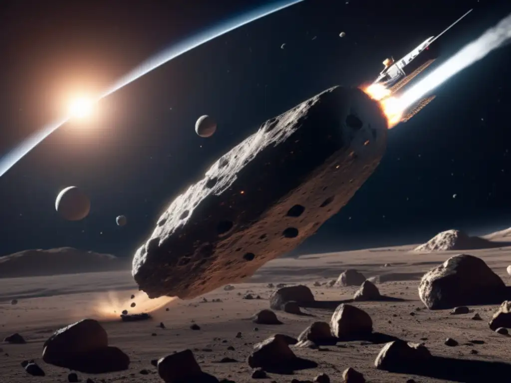 A stunning photorealistic image captures a spacecraft soaring towards an asteroid, highlighting its intricate details and the rocky terrain below