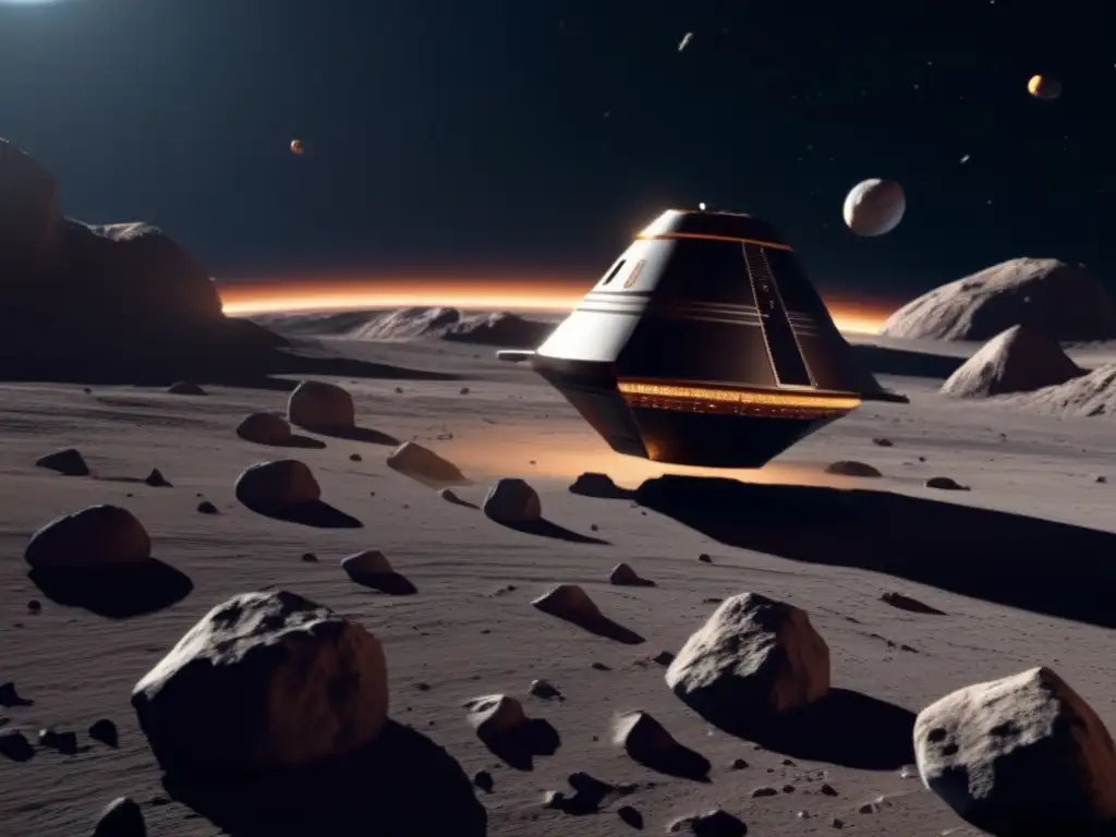 A photorealistic image of a spacecraft in orbit around an asteroid, with the asteroid's surface visible in the background