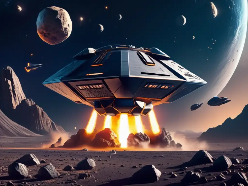 High-tech asteroid TV miniseries in a futuristic space environment, sleek spacecraft navigating through a field of asteroids, surrounded by danger and excitement, showcasing advanced technology and weapons with cutting-edge visual effects