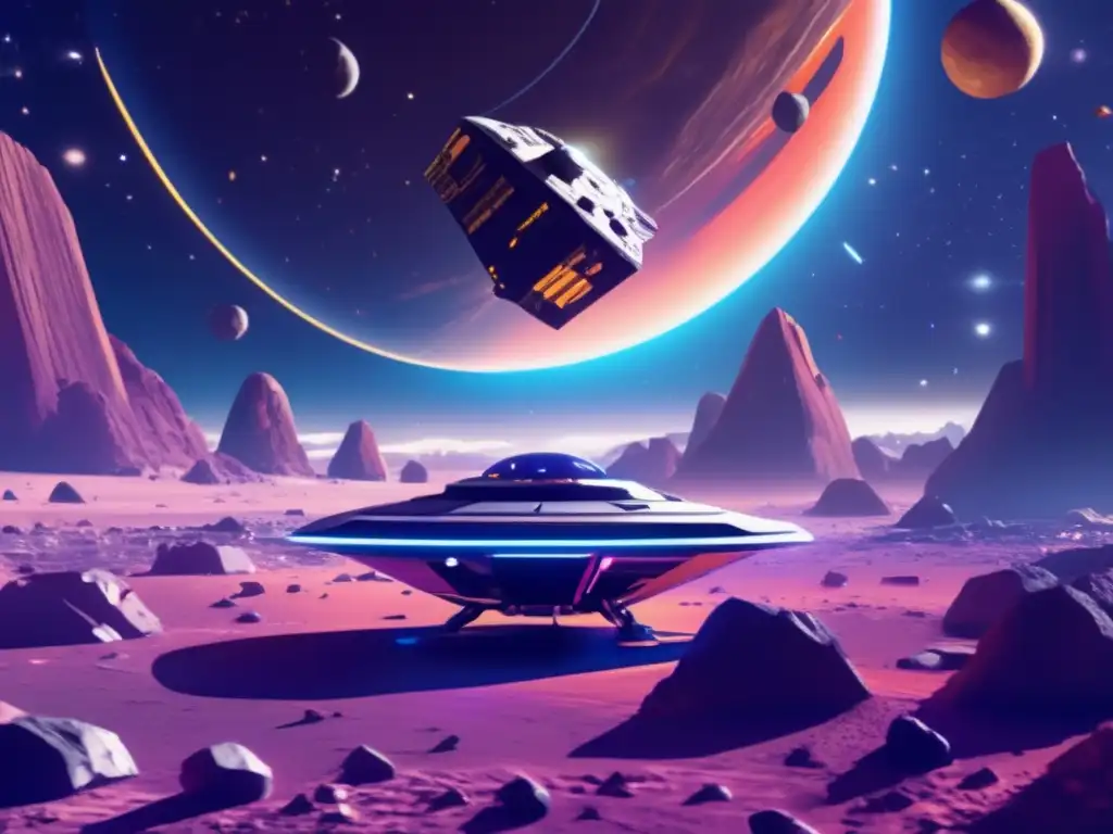 A stunning photograph captures a spacecraft floating in front of a vibrant asteroid field