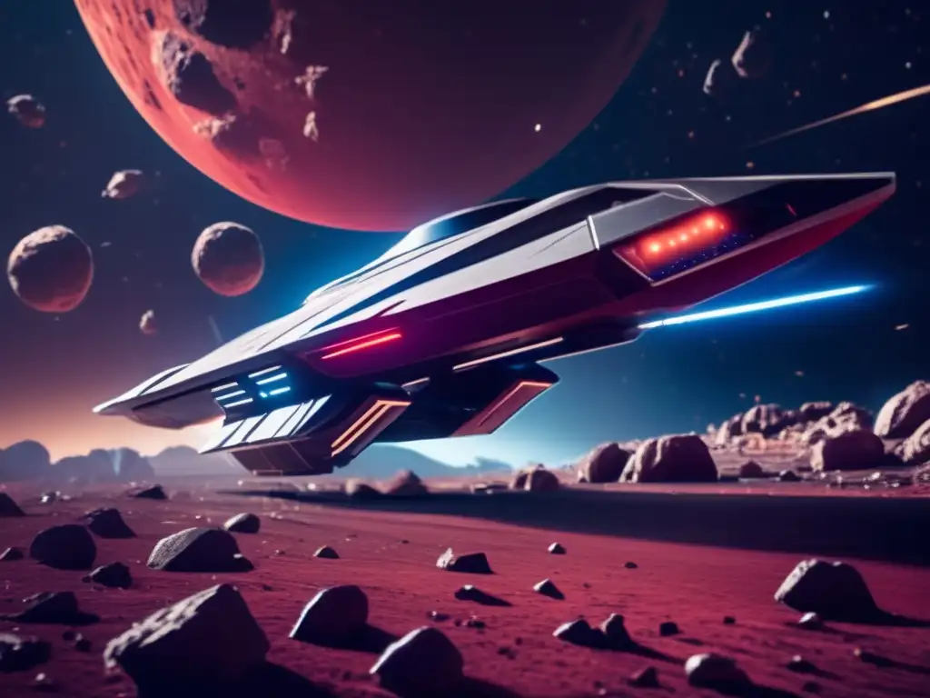 A 'dark red' background and a 'futuristic spaceship flying directly towards an 'asteroid field,' evoking a sense of danger and urgency