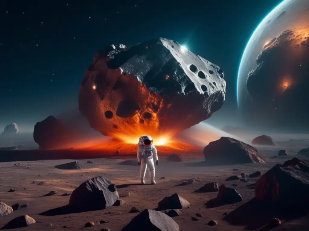 A spacecraft equipped with a critical tool, scanning a towering asteroid in space