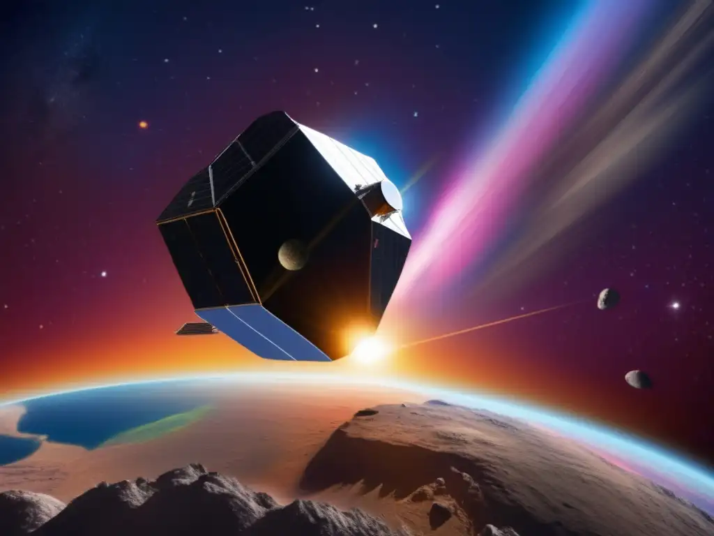 This photorealistic image depicts a spacecraft daringly breaching Earth's atmosphere and propelling towards the asteroid Thule