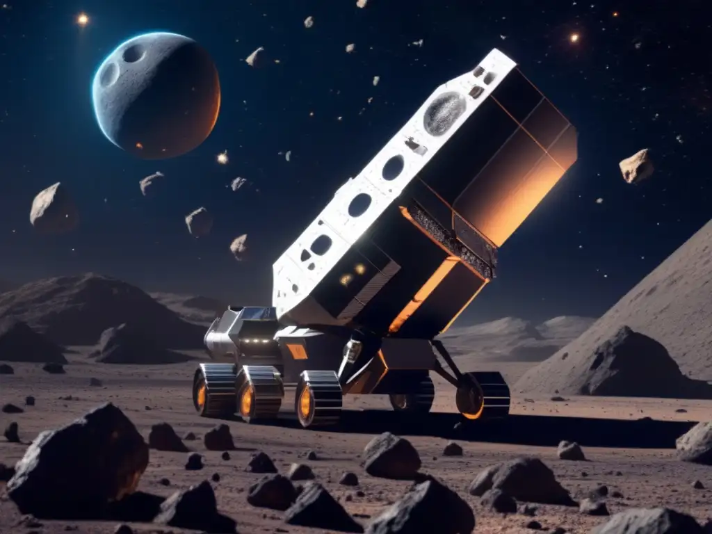 A photorealistic spacecraft, mining asteroids in an expansive cosmic scene, captures the essence of the rapidly evolving field of asteroid mining