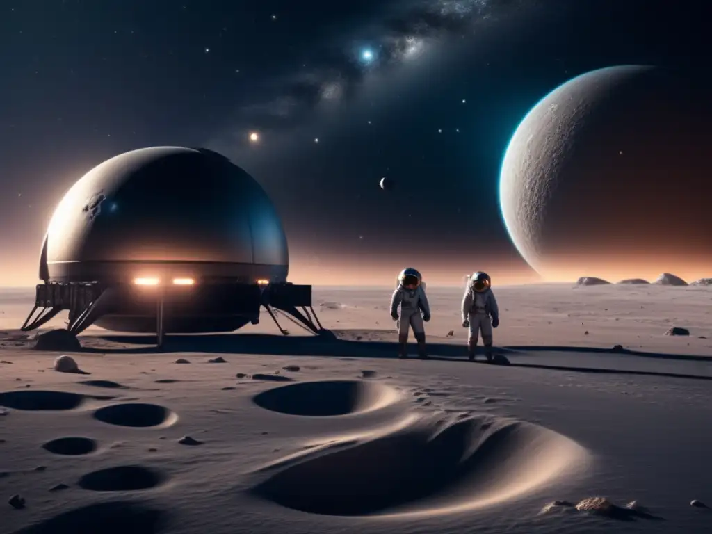 Two sleek spacecraft, close up, exploring a mysterious icy moon or dwarf planet in the Kuiper Belt, circled by swirling clouds of gas and dust, amidst a vast expanse of cosmic darkness