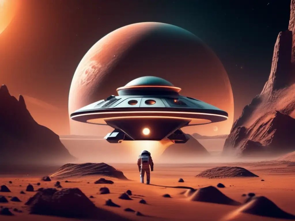 Exploring the unexplored - a photorealistic image of a futuristic spacecraft mining rich minerals on a newlydiscovered planet