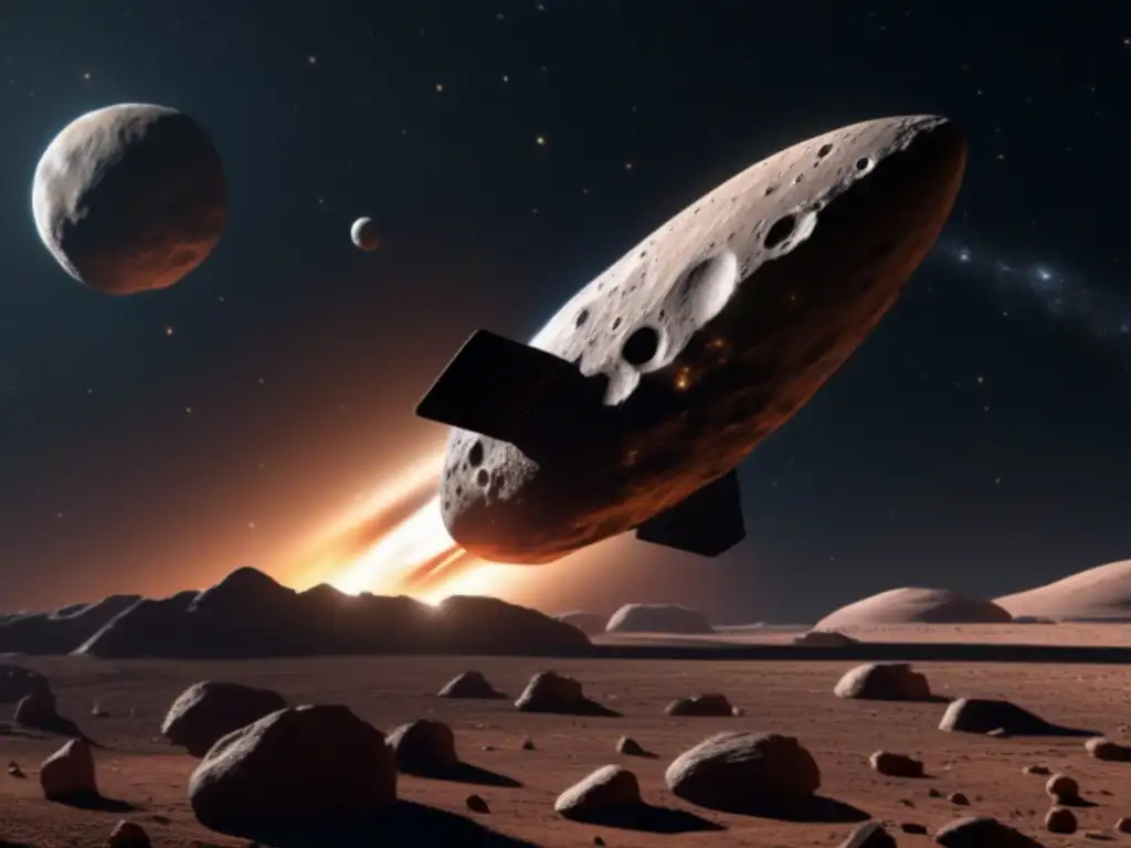 A close-up view of a photorealistic spaceship flying past the jagged surface of MU69, a large asteroid against a dark and desolate space backdrop