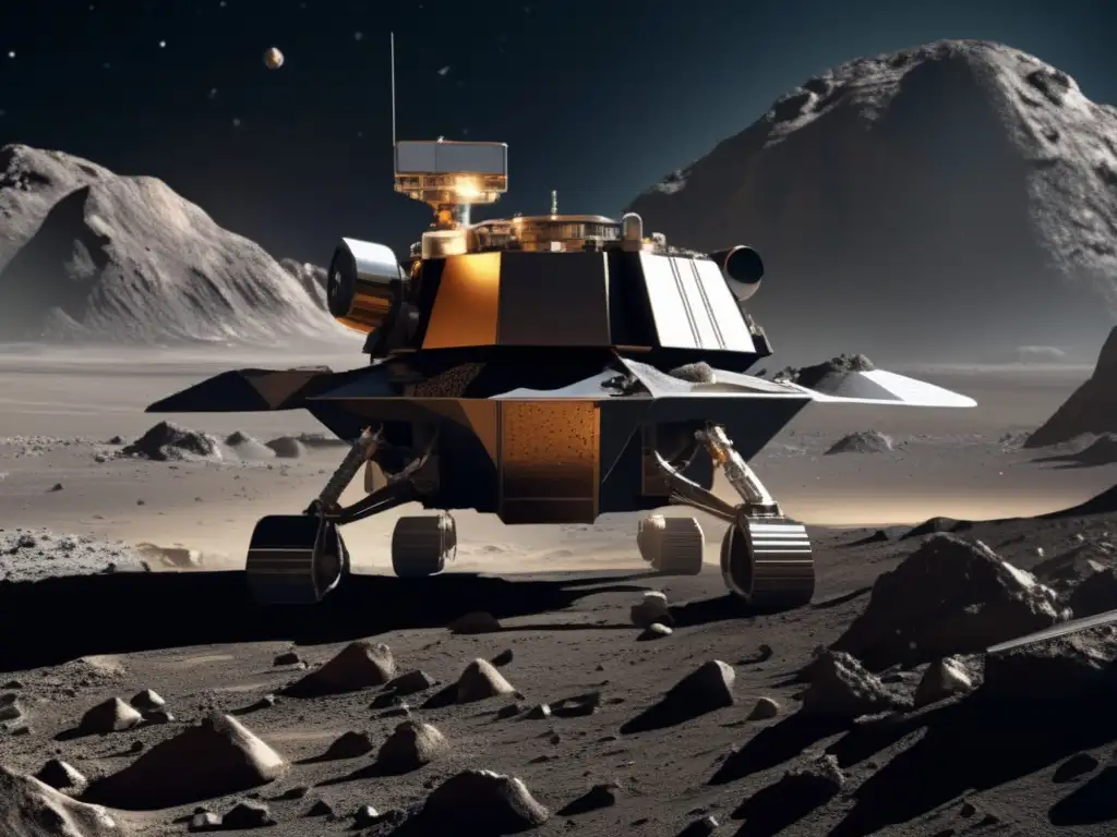 Photorealistic image of a spacecraft landing on an asteroid, showcasing intricate details and challenges of asteroid exploration