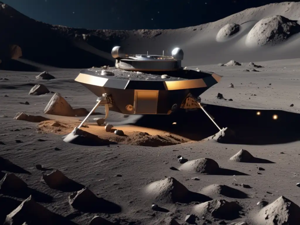 Spacecraft rests in lunar crater surrounded by debris, and scientific minds examine ejecta and impactites using different lighting and angles