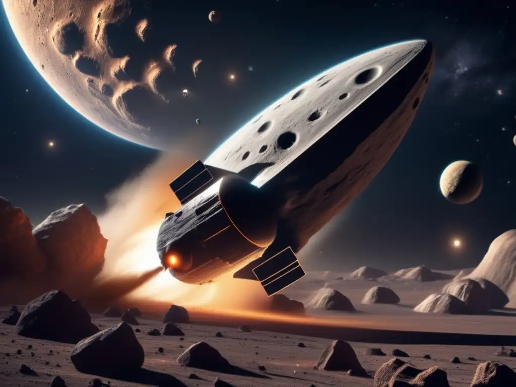 A breathtaking, highly detailed photorealistic image of a spacecraft gracefully navigating near an asteroid with billowing dust
