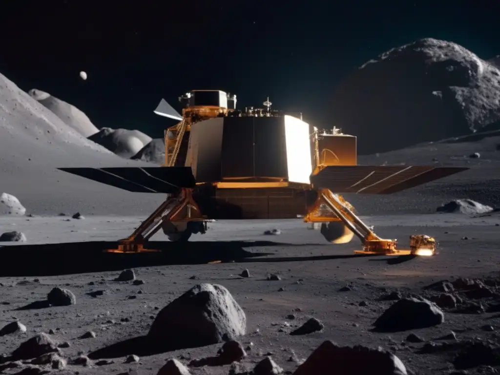 A close-up of a spacecraft landing on an asteroid, with specialized mining equipment visible in the foreground