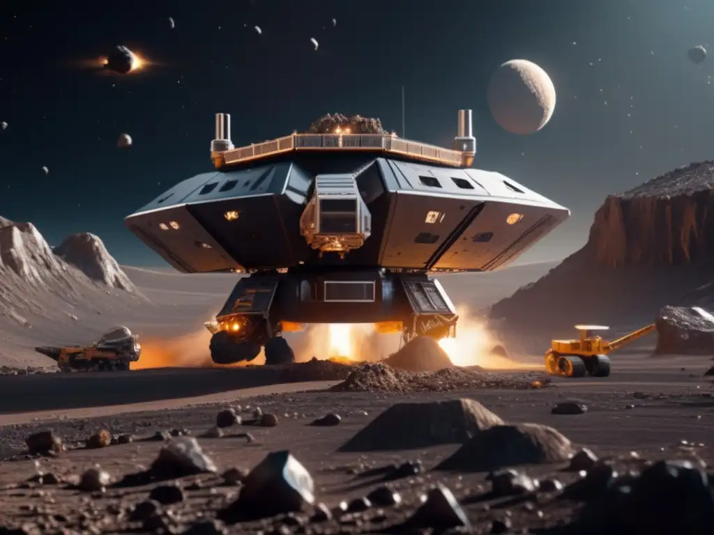 Authentic 8k Ultradetailed image of a spacecraft landing on a debris-laden asteroid amidst an active mining operation