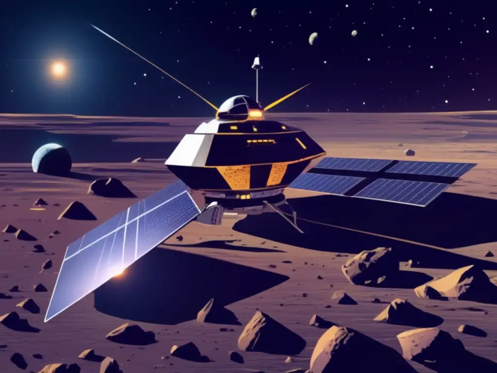 An immersive, high-resolution image of a spacecraft exploring the depths of space, with Angelina the asteroid in the background