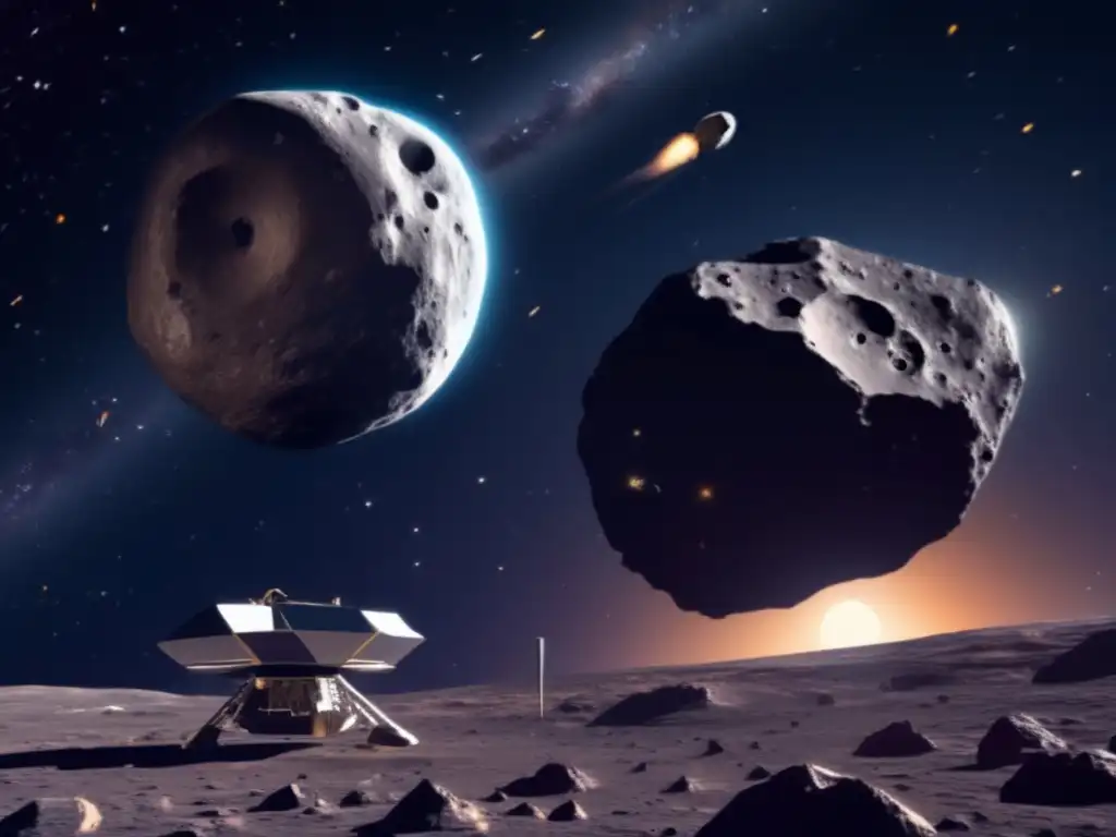 In the heart of orbit, two spacecraft dance around an asteroid's jagged surface, capturing data and manipulating its surface