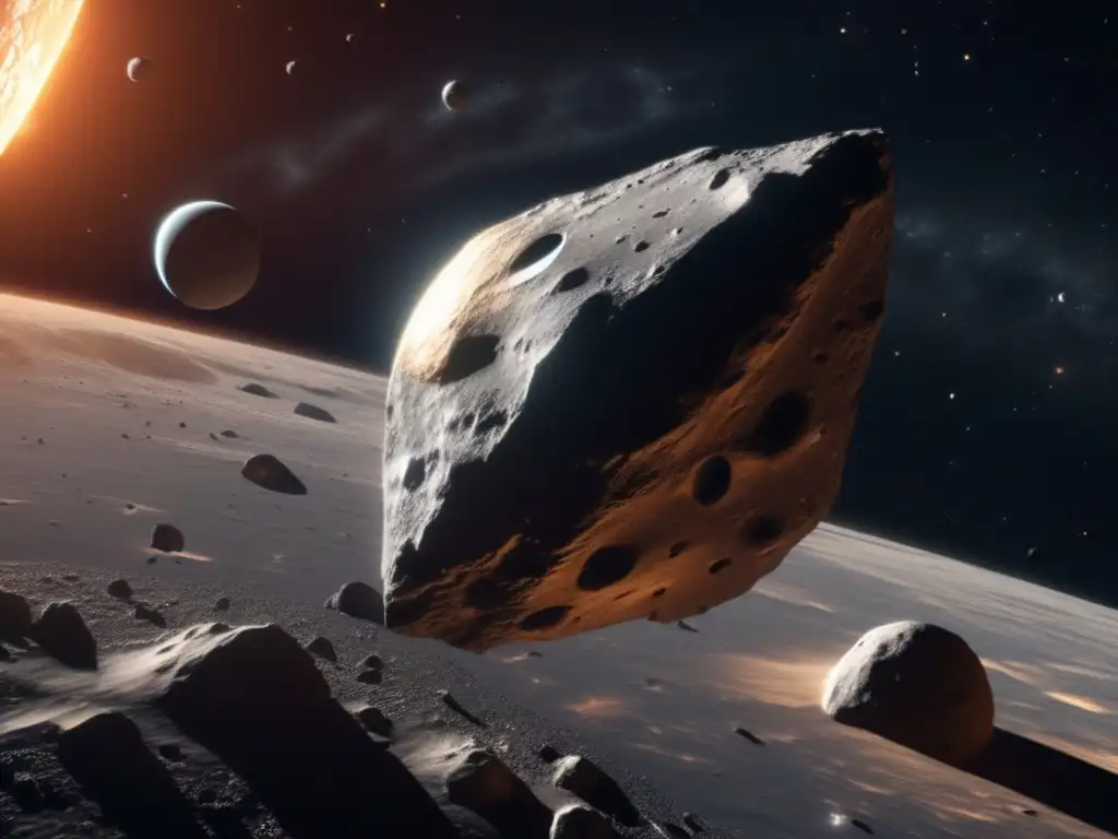 Dash - Astrophysical marvel: a photorealistic spacecraft in orbit around an asteroid, with intricate details and complex gravitational forces at play