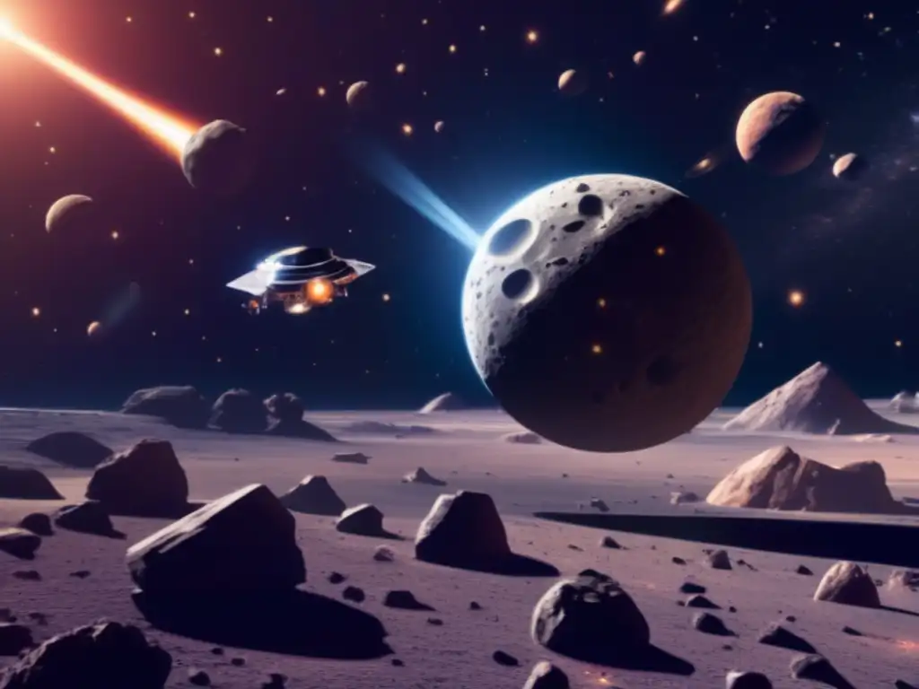 A stunning image of a spacecraft exploring the cosmos, surrounded by a 3D array of towering asteroids