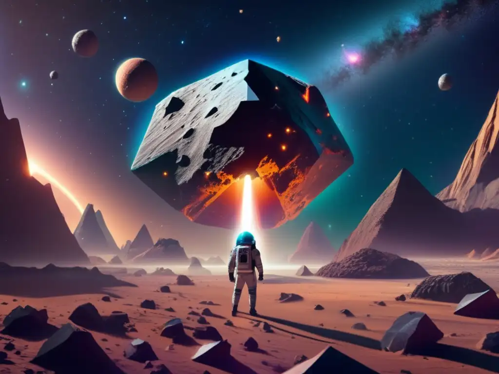 Dash- A futuristic exploration of a jagged, iridescent asteroidoid by a team of spacecrafts, surrounded by visible stars, with a contemplative atmosphere