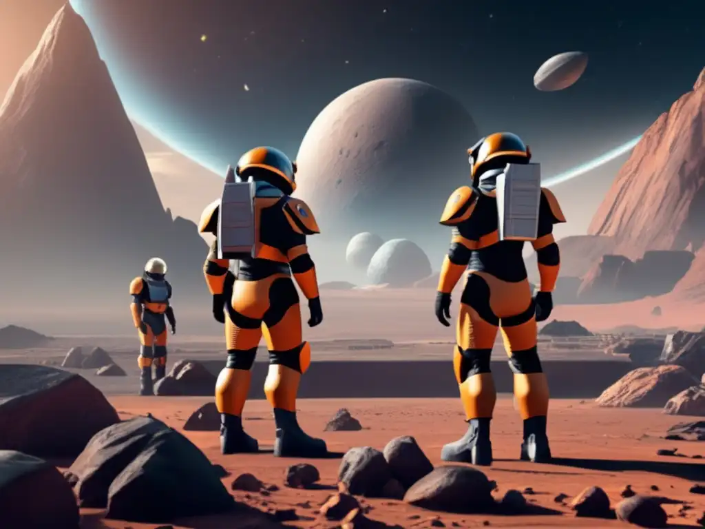 Asteroid Alert: Space Guards Brace for Impact as Their Ship Saves the Day A tense and urgent scene of space guards standing guard on a rocky platform, staring upward at a massive asteroid hurtling towards them