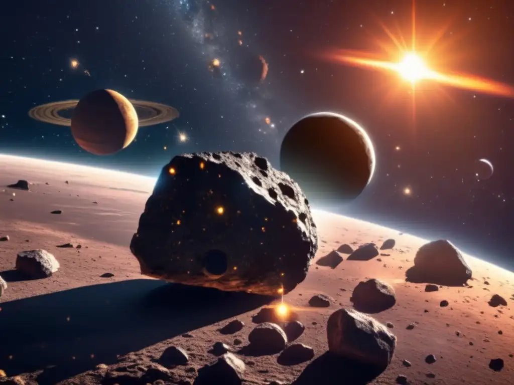 A breathtaking celestial masterpiece, zooming out to reveal a vast asteroid belt, illuminated by the sun and planets