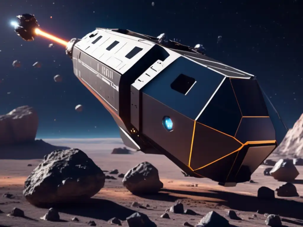 A detailed 3D model of an asteroid mining vessel floats in space, surrounded by several massive asteroids