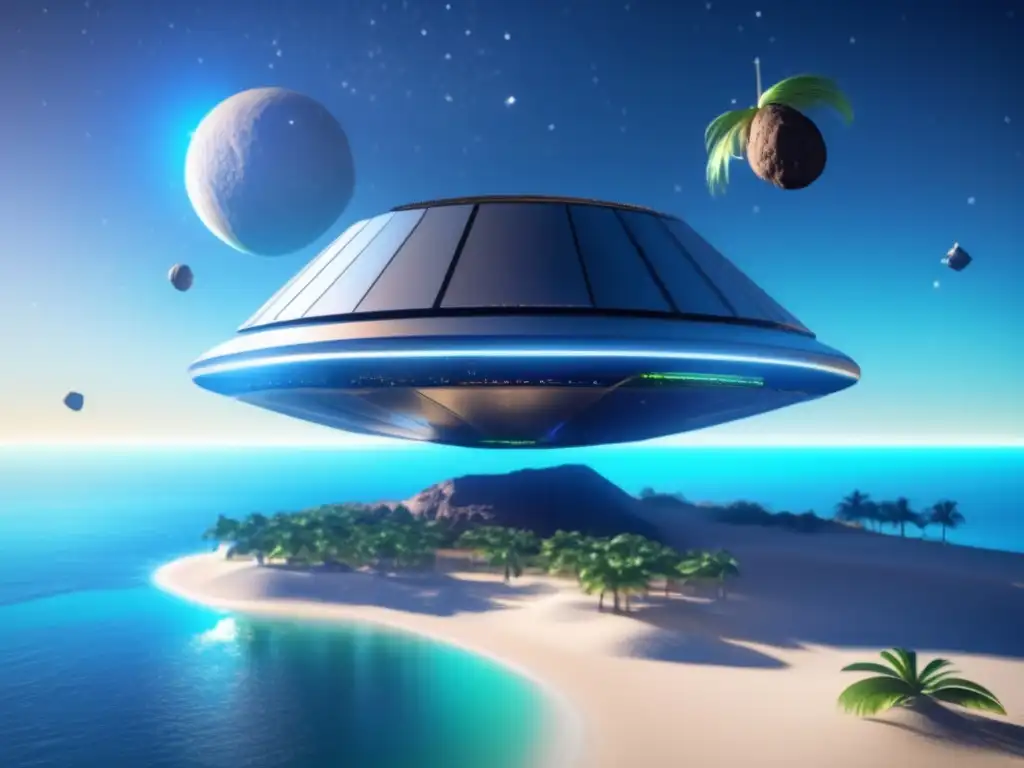 A stunning 3D model asteroid mining facility floats in the void of space above a palm-lined beach