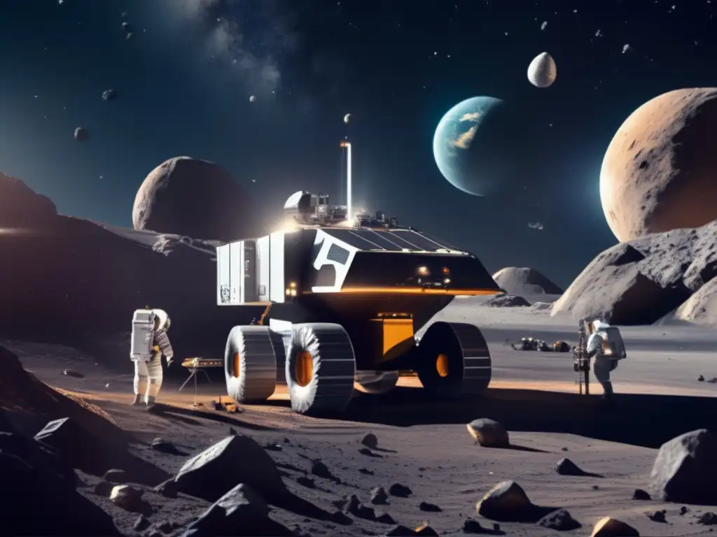 Technological innovation at work in this highly detailed, photorealistic image of an asteroid mining facility in space