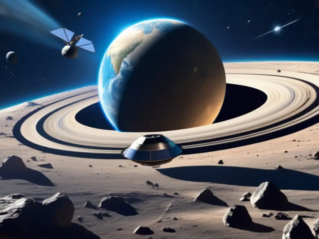 A spacecraft braves the dangers of an intricate asteroid belt, gliding through the jagged expanse with Earth's stunning blue hue in the distance