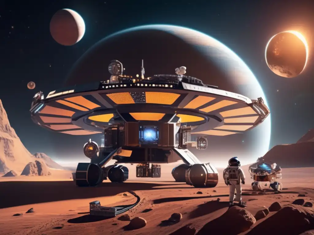 A stunning and futuristic space station orbits a vibrant planet with mining rovers connected to a platform brimming with valuable resources