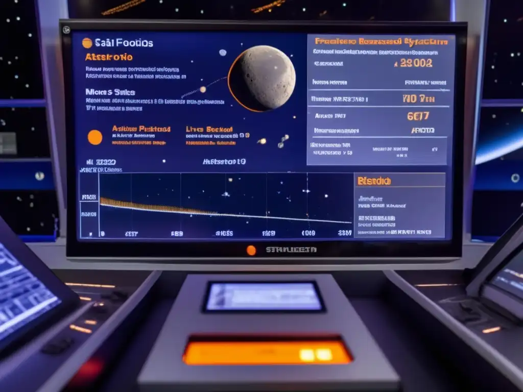 A complex satellite system is revealed in a closeup monitoring display with glowing circuitry and data screens reflecting on the screen