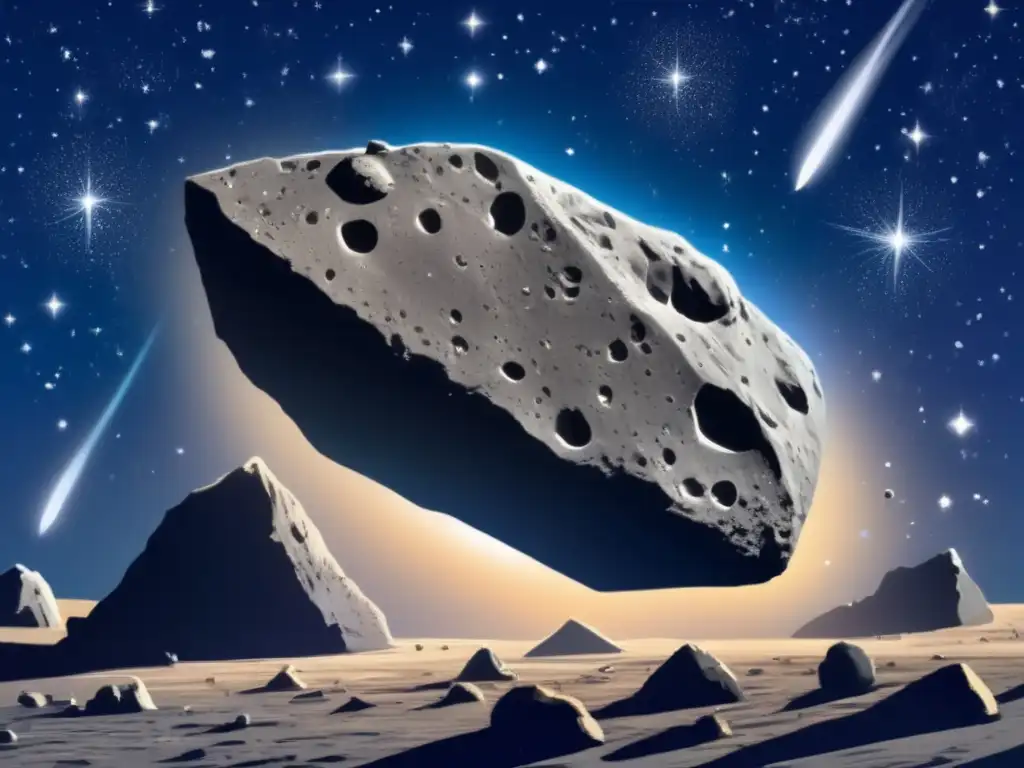 Rough Asteroid Rock Drifting in Space with Comet Trail A lone asteroid rock orbits through space, its dark gray surface marred by small craters and fractures, visible against the light blue-gray backdrop