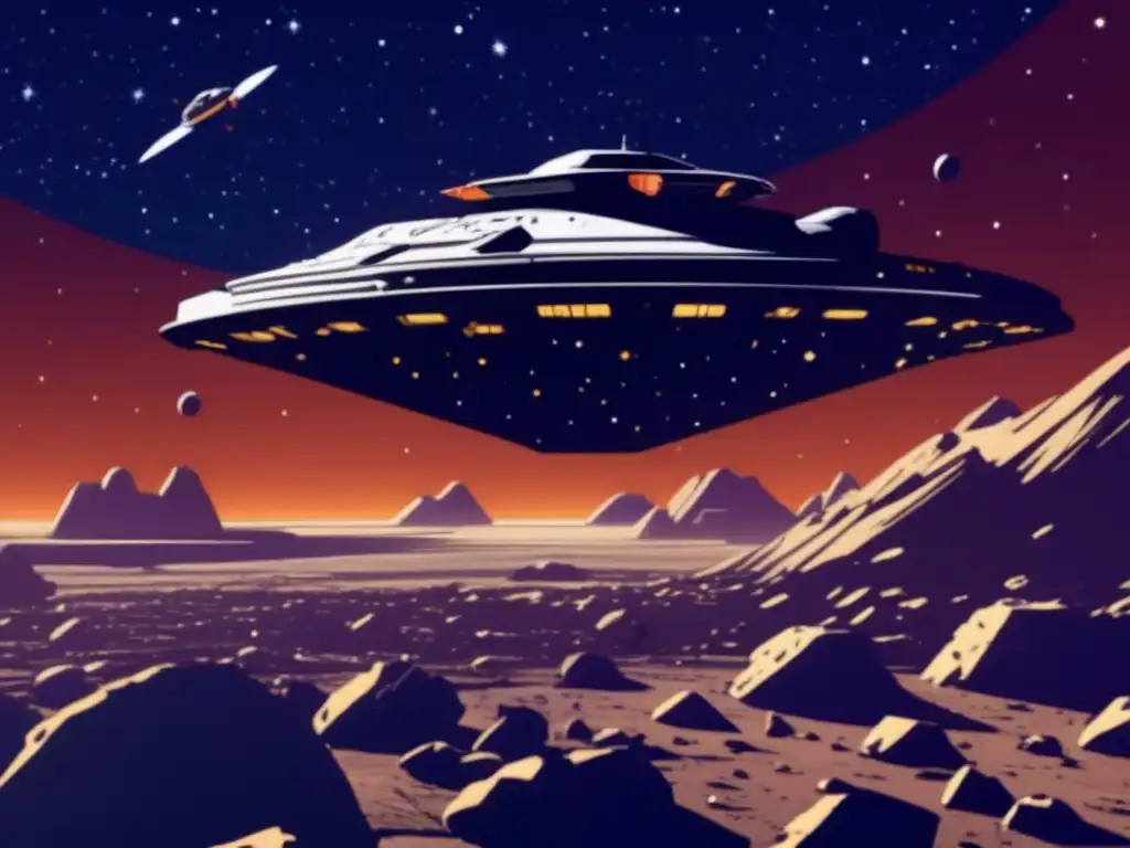 A Spaceship Rides Through the Dangerous Cosmic Wild West Photorealistic depiction of Bebop spaceship traversing the illuminated asteroid belt in Cowboy Bebop's universe